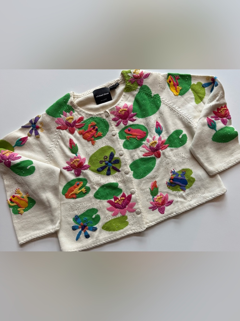 Michael Simon New York Frog Dragon Fly Women’s 2X Cardigan Sweater Lily Pad VTG